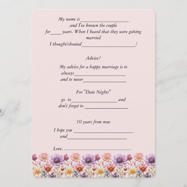 Wedding Advice Spring Flowers Pink Purple Yellow   Card (Back)