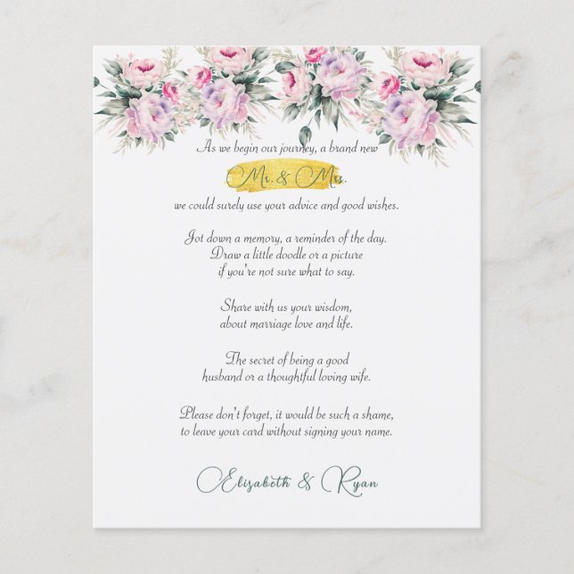 Wedding Advice Well Wishes Pink Peonies and Gold (Front)