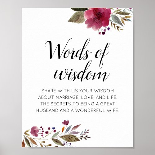Wedding Advice Words of Wisdom Burgundy Floral Poster
