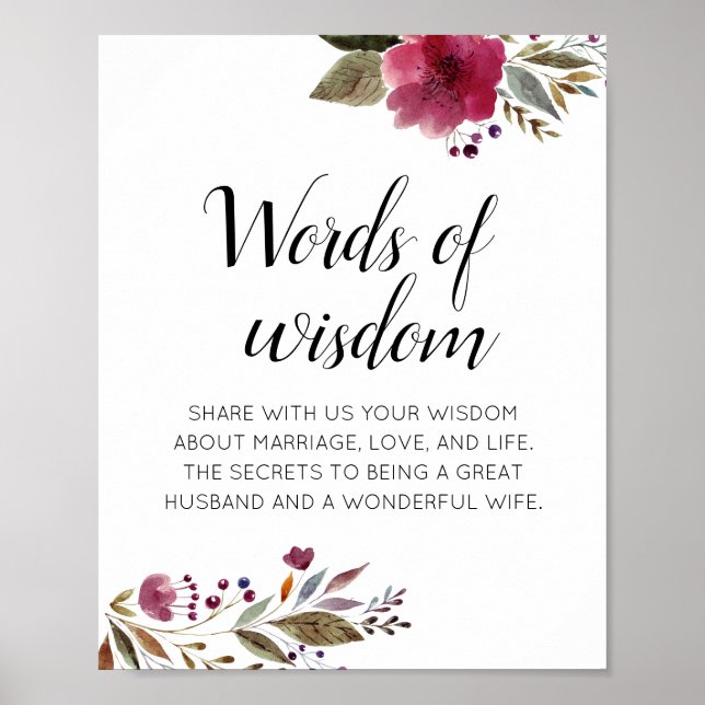Wedding Advice Words of Wisdom Burgundy Floral Poster (Front)