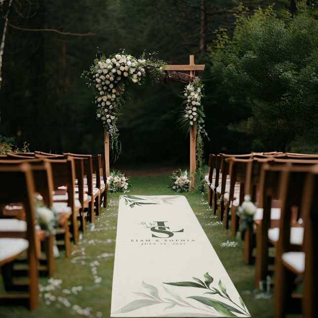 Wedding Aisle Runner | Watercolor Sage Green Leaf (Make your walk unforgettable – this monogram aisle rug sets the scene for a timeless ‘I Do’ moment.)