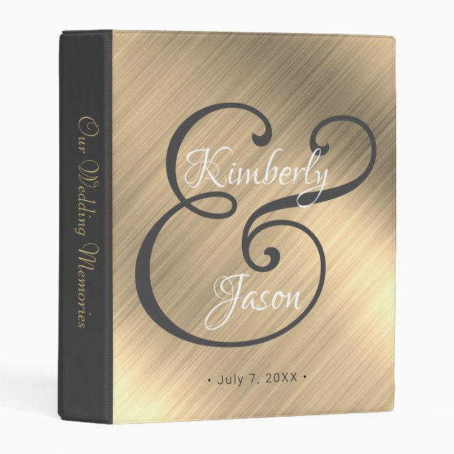 Wedding Album, Fancy Monogram & Name, Brushed Gold Mini Binder (Front/Spine)