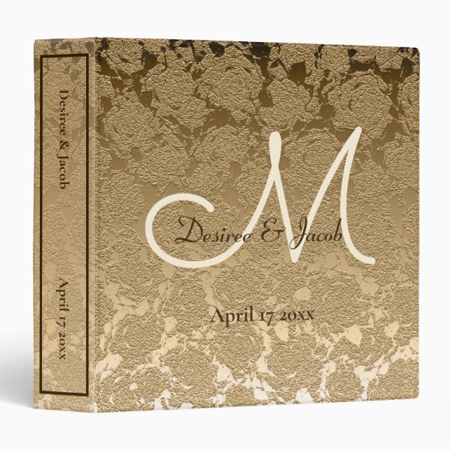 Wedding Album Gold Elegant Monogram Floral 3 Ring Binder (Front/Spine)