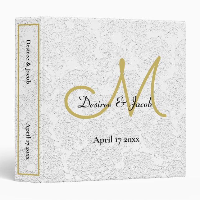 Wedding Album Simple White Gold Monogram Floral 3 Ring Binder (Front/Spine)