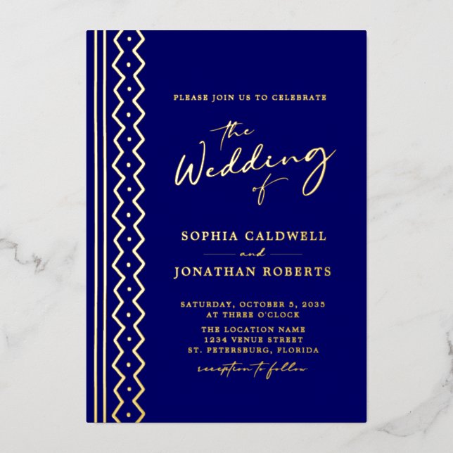 Wedding All in One Boho Mudcloth Calligraphy Gold Foil Invitation (Front)