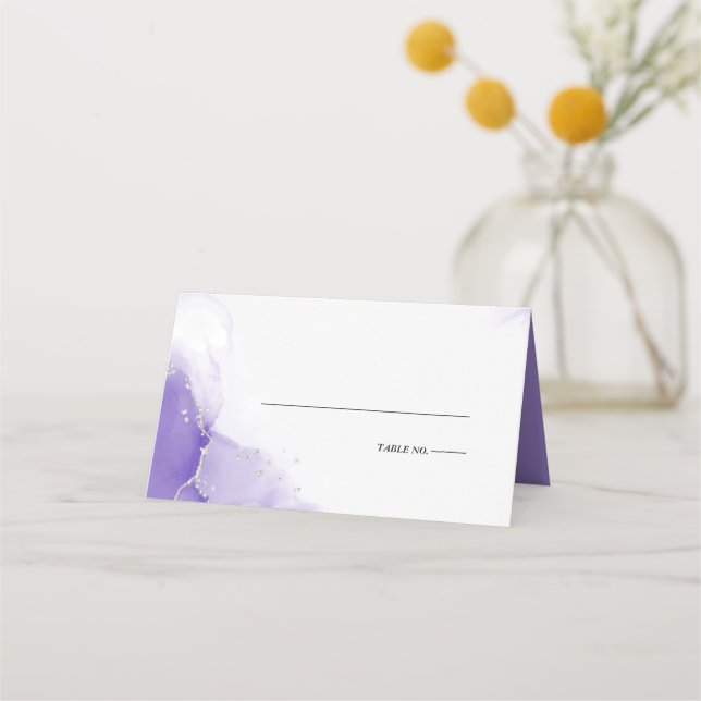 Wedding | Amethyst Purple Script Silver  Place Car Place Card (Front)