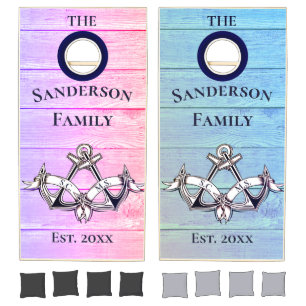 Wedding Anchor Blue Pink Watercolor Nautical Wood Cornhole Set