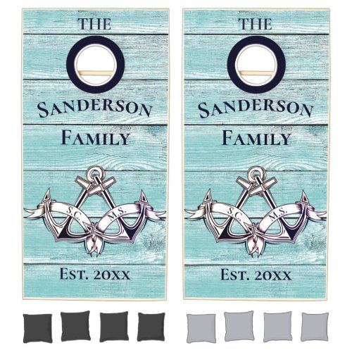 Wedding Anchor Blue  Watercolor Nautical Wood  Cor Cornhole Set