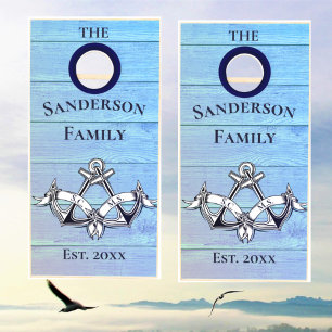 Wedding Anchor Blue Watercolor Nautical Wood Cornhole Set