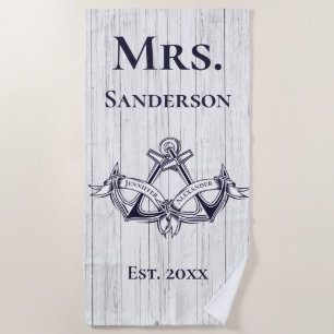 Wedding Anchor Mrs  Navy Blue  Nautical Monograms  Beach Towel