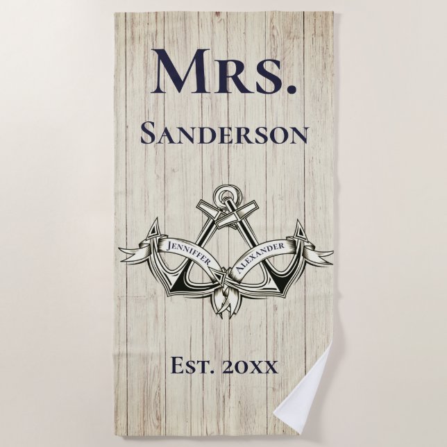 Wedding Anchor Mrs  Navy Blue  Nautical Monograms  Beach Towel (Front)