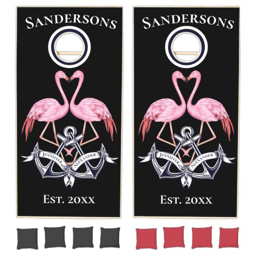 Wedding Anchors Black Pink Flamingos Monogram  Cornhole Set