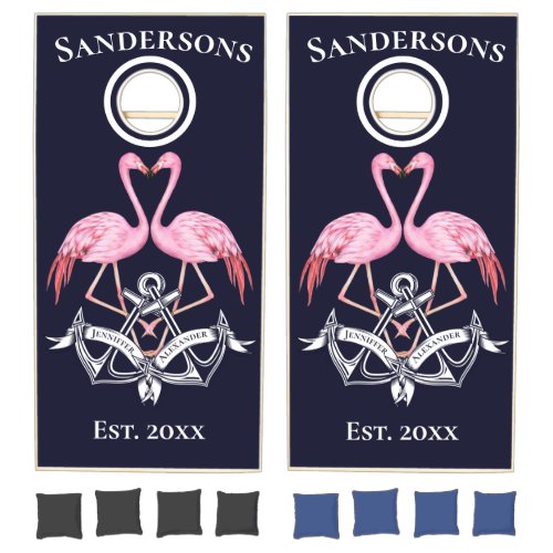 Wedding Anchors navy Blue Pink Flamingos Monogram Cornhole Set