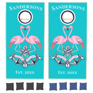 Wedding Anchors navy Blue Pink Flamingos Monogram Cornhole Set
