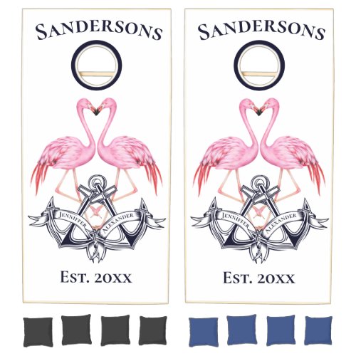 Wedding Anchors navy Blue Pink Flamingos Monogram  Cornhole Set