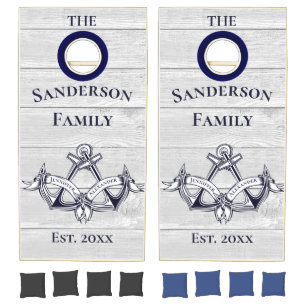 Wedding Anchors Navy Blue White Nautical Monograms Cornhole Set