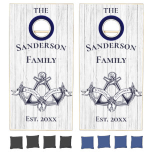 Wedding Anchors Navy Blue White Nautical Monograms Cornhole Set