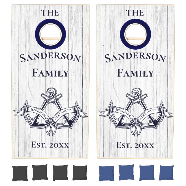 Wedding Anchors Navy Blue White Nautical Monograms Cornhole Set (Set)