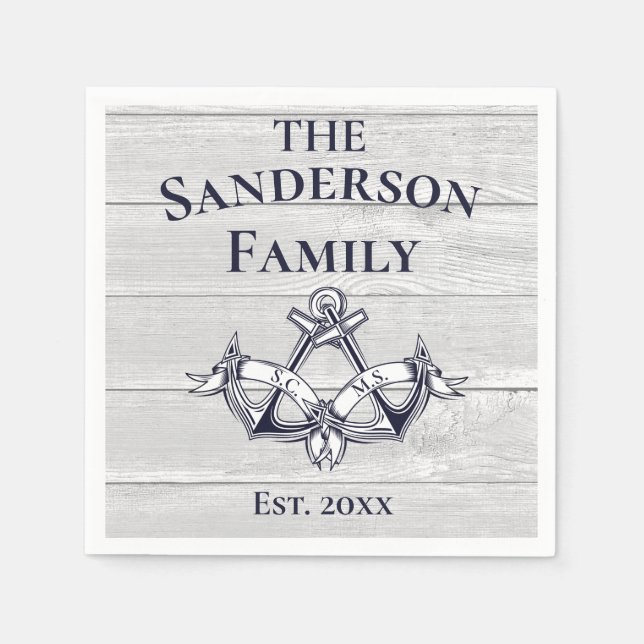 Wedding Anchors Navy Blue White Nautical Wood Napkins (Front)