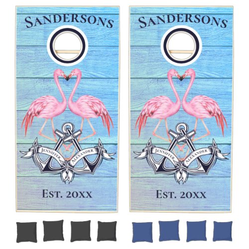 Wedding Anchors Pink Flamingo Monogrammed Blue Cornhole Set