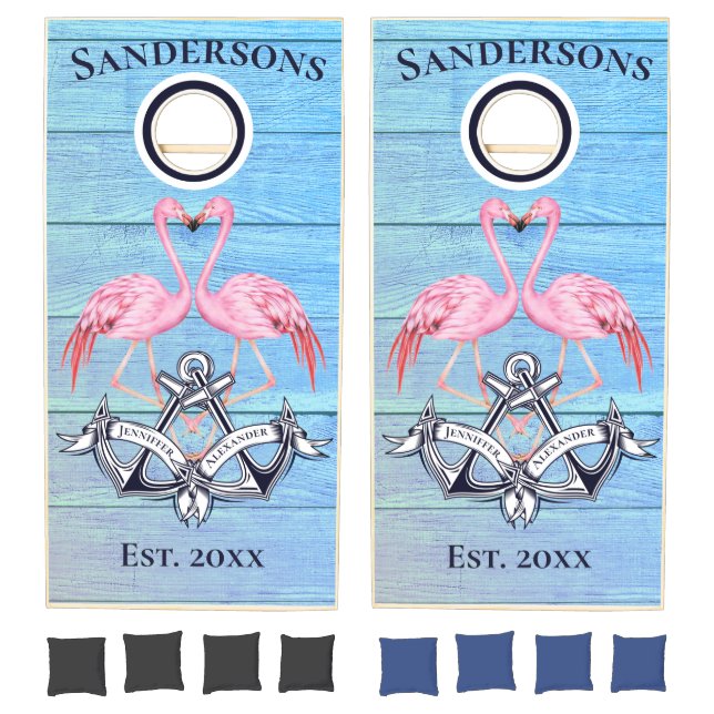 Wedding Anchors Pink Flamingo Monogrammed Blue Cornhole Set (Set)