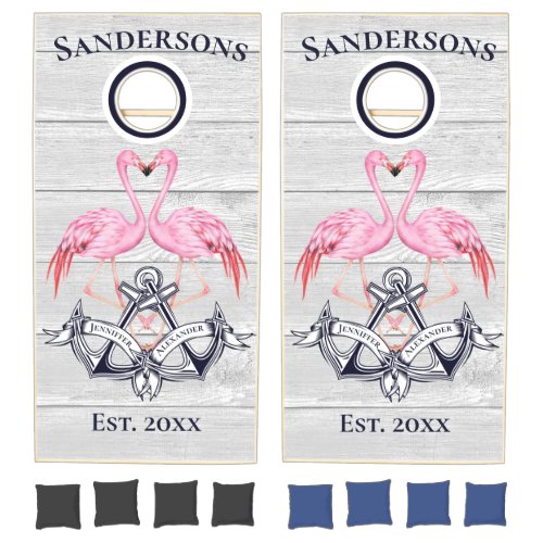 Wedding Anchors Pink Flamingos Monogrammed Cornhole Set