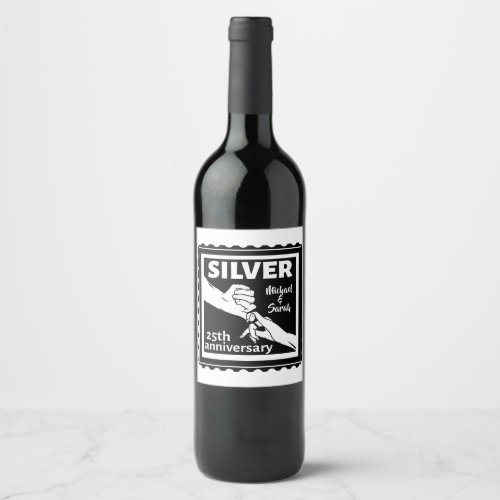 Wedding anniversary 25 years silver wine label
