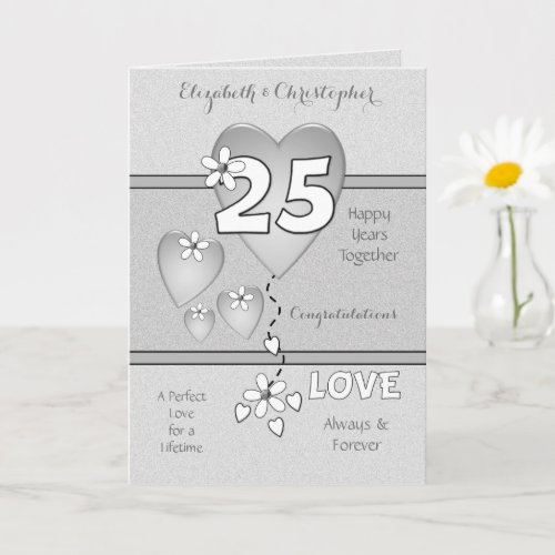 Wedding Anniversary 25th Silver hearts and flowers Card