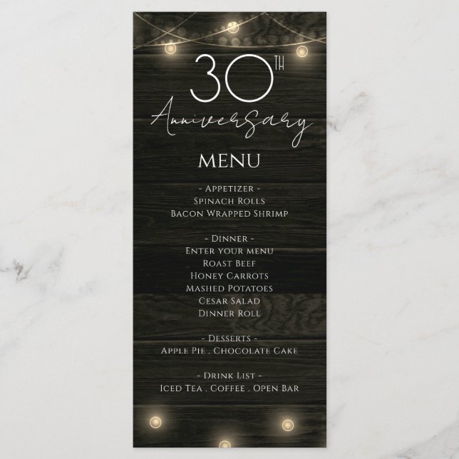 Wedding Anniversary 30th Rustic Wood and Lights Menu (Front)