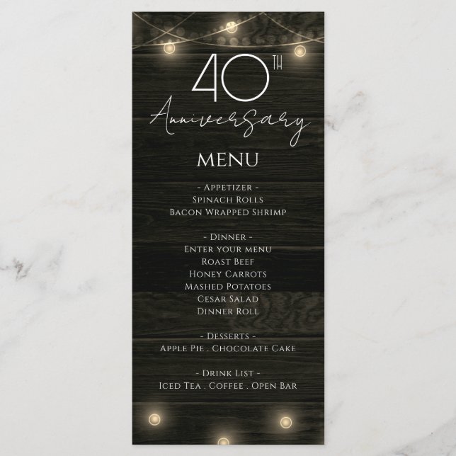 Wedding Anniversary 40th Rustic Wood and Lights Menu (Front)