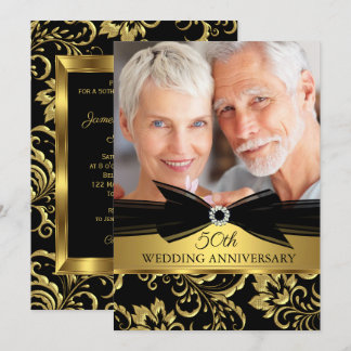 Wedding Anniversary Black Gold Damask Photo Invitation