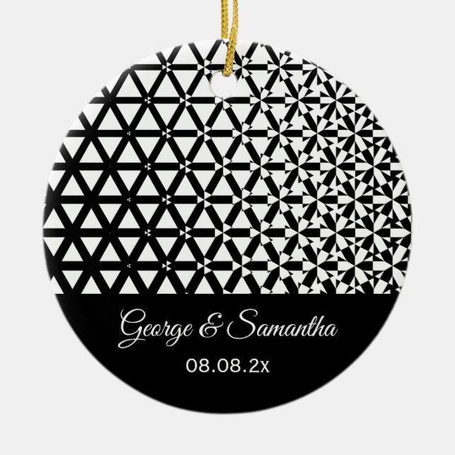 Wedding Anniversary Black White Geometric Ceramic Ornament (Front)