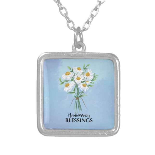 Wedding Anniversary Blessings Bouquet of Daisies Silver Plated Necklace (Front)