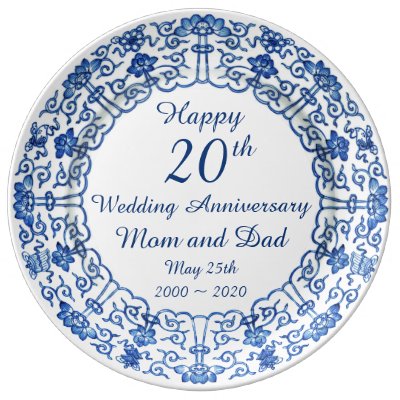 Commemorate a wedding aniversary with a wall mounted porcelain plate. Blue Asian rim design with your text