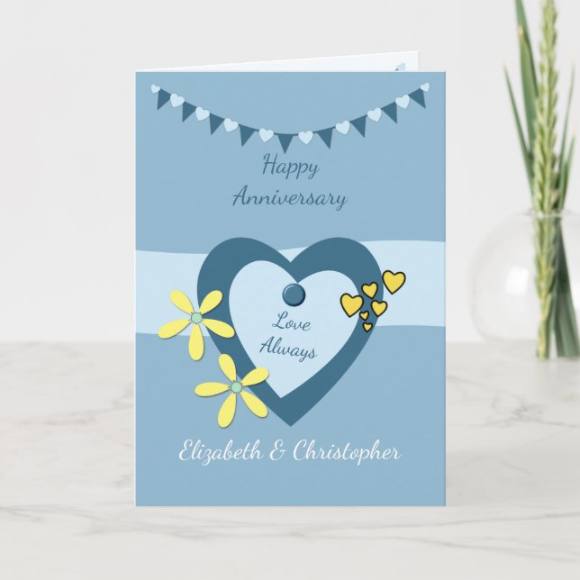 Wedding Anniversary blue with bunting and hearts Card (Front)