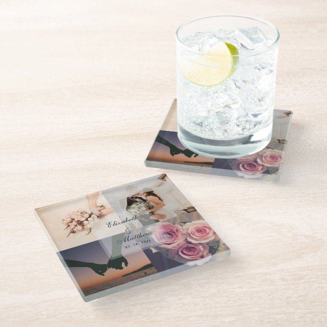 Wedding Anniversary Bride and Groom Photo Collage Glass Coaster (Angled)