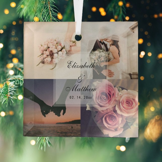 Wedding Anniversary Bride and Groom Photo Collage Glass Ornament (Creator Uploaded)