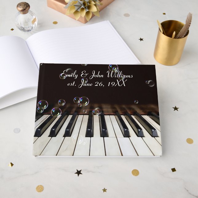 Wedding Anniversary Bubbles on Piano Keys Guest Book (Front Open)