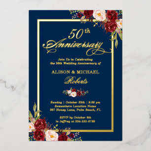 Wedding Anniversary Burgundy Floral Real Gold Foil Invitation