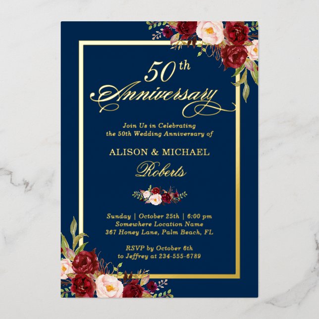 Wedding Anniversary Burgundy Floral Real Gold Foil Invitation (Front)