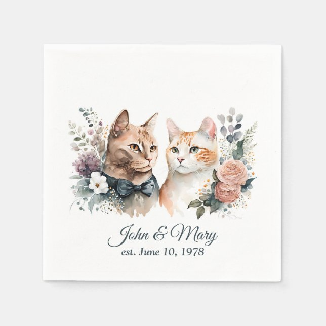 Wedding Anniversary Cats On White  Napkins (Front)