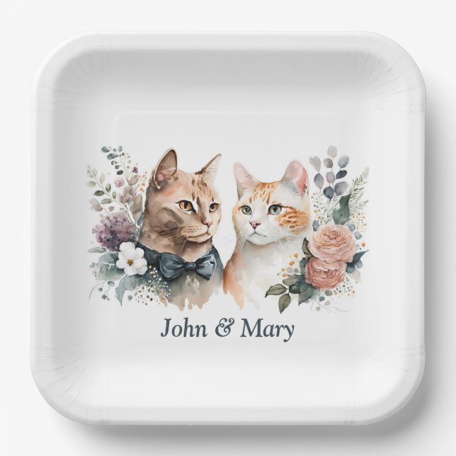 Wedding Anniversary Cats On White Paper Plates (Front)