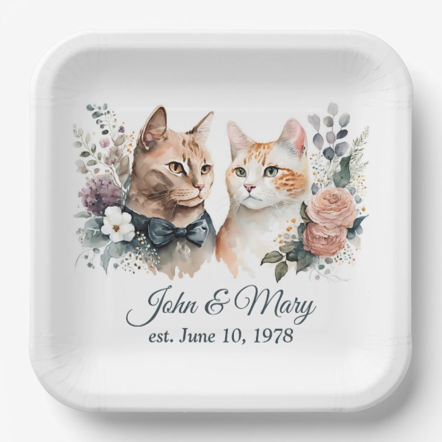 Wedding Anniversary Cats On White Paper Plates (Front)