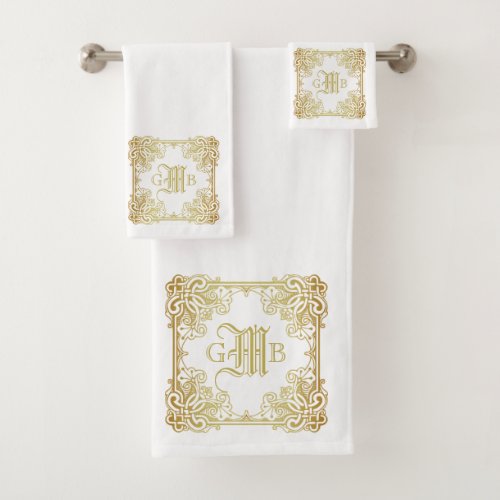 Wedding Anniversary Classic Gold Frame Monogram Bath Towel Set