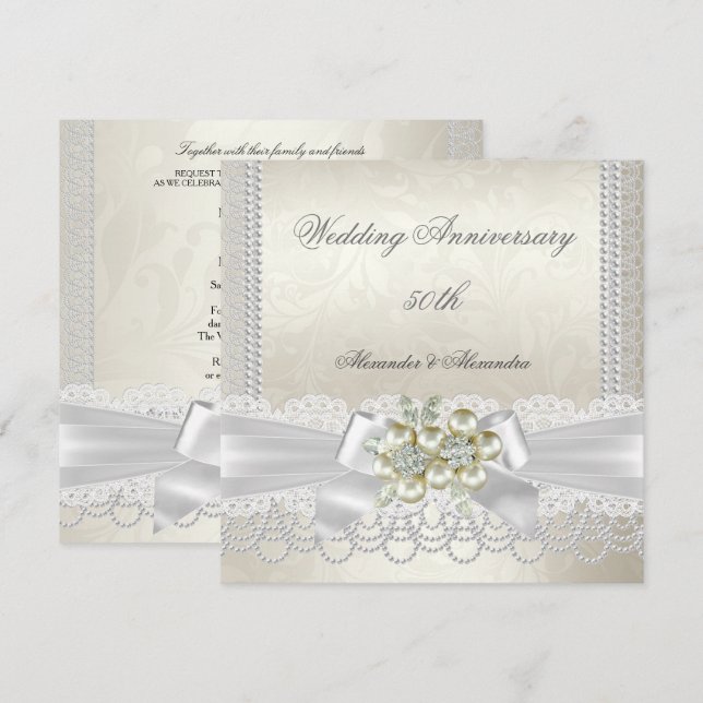 Wedding Anniversary Cream White Pearl Lace Diamond Invitation (Front/Back)