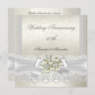 Wedding Anniversary Cream White Pearl Lace Diamond Invitation