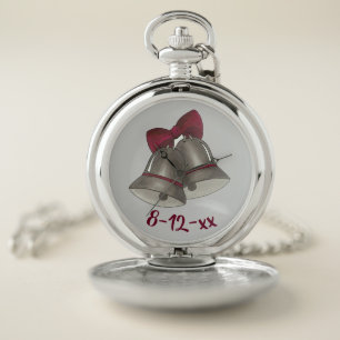 Wedding Anniversary Date Silver Bells Groom Bride Pocket Watch