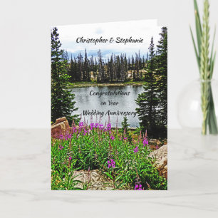 Wedding Anniversary, Deep Pink Flowers, Lake, Name Card