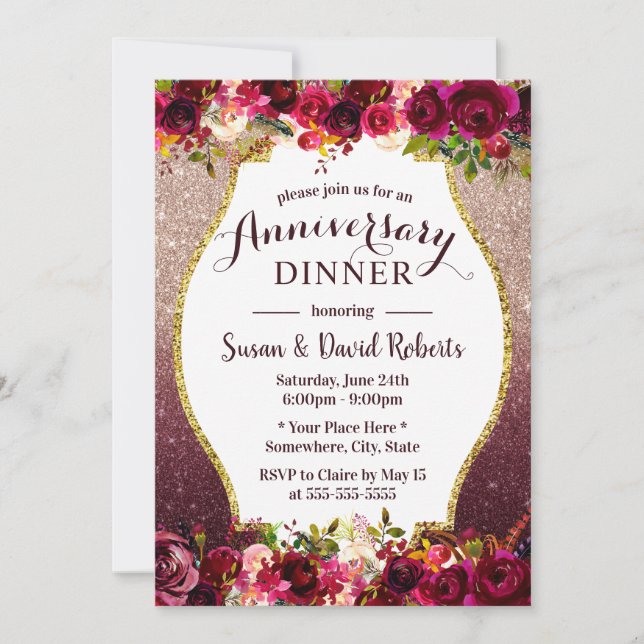 Wedding Anniversary Dinner Burgundy Floral Invitation (Front)