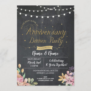 Wedding Anniversary Dinner Party Floral Chalk Gold Invitation